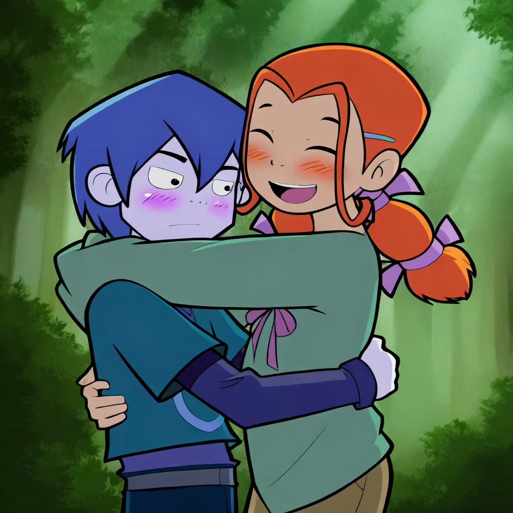 Masterpiece, best quality, ze_el, (1boy, zeke_ma, blue hair, short hair), break, (1girl, elena_ma, orange hair, twintails), blush, happy, hug, forest, natural lighting
