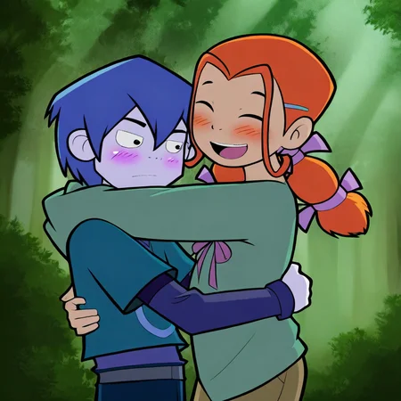 Masterpiece, best quality, ze_el, (1boy, zeke_ma, blue hair, short hair), break, (1girl, elena_ma, orange hair, twintails), blush, happy, hug, forest, natural lighting