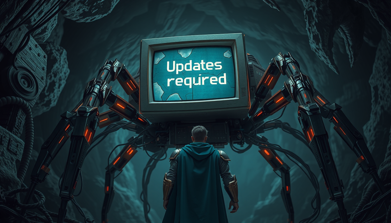 (low angle, image by Julie Bell,32k, ultra sharp,masterpiece:1.2),(high detailed:1.1),(high quality:1.3),(ultra high res:1.2), (a spider robot with a broken computer monitor for a head with a cracked screen, 8-bit text on the monitor reads "Updates required":1.2). Background is a deep and foreboding cave with a massive mechanical monster made of old computer parts, wires, cables, glowing vacuum tubes. Foreground has a lone hero with their back to the viewer. (A lone figure wearing armor and blue cape ready to fight). mood is grim, dark, and foreboding,