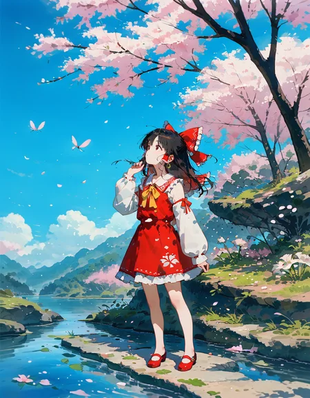 score_9,score_8_up,score_7_up,score_6_up,anime,
1girl,hakurei_reimu,soft skin,detailed face,detailed body,long eyelashes,detached_sleeves,hoop_earrings,single_earring,frilled_sleeves,(mary_janes shose:1.2),
(tiptoes:1.3),(she looking up:1.3),(hand up to reach the branch:1.4),spider_lily,wriggle_nightbug,sky,ripples,
standing on a stone in the center of the water surface,(landscape:0.8),<lora:naiathomeaug25v2:0.6>,<lora:Pony_XL_TYGS_Ink_Anime_Art_Style:0.7>,
