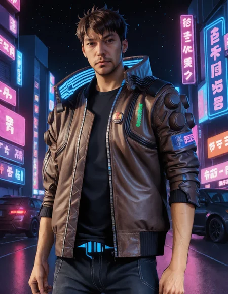 anime artwork a man, wearing a brown cyberpunk Samurai jacket, black jeans, black shirt, standing in a busy city street, sleeves up, night, night sky, large cityscape, neon signs, highly detailed, professional, 4k, <lora:CyberpunkSamuraiJacketSDXL:0.75> . anime style, key visual, vibrant, studio anime, highly detailed