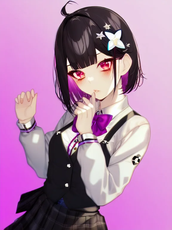 hair flower,star hair ornament,collared shirt,bowtie, short hair,buttons,parted lips,looking at viewer,black ribbon,by kayahara,solo,blunt bangs,black flower,hair ribbon,gradient background,star \(symbol\), skirt, 1girl, solo <lora:kayahara-v1-8k-lora:2>