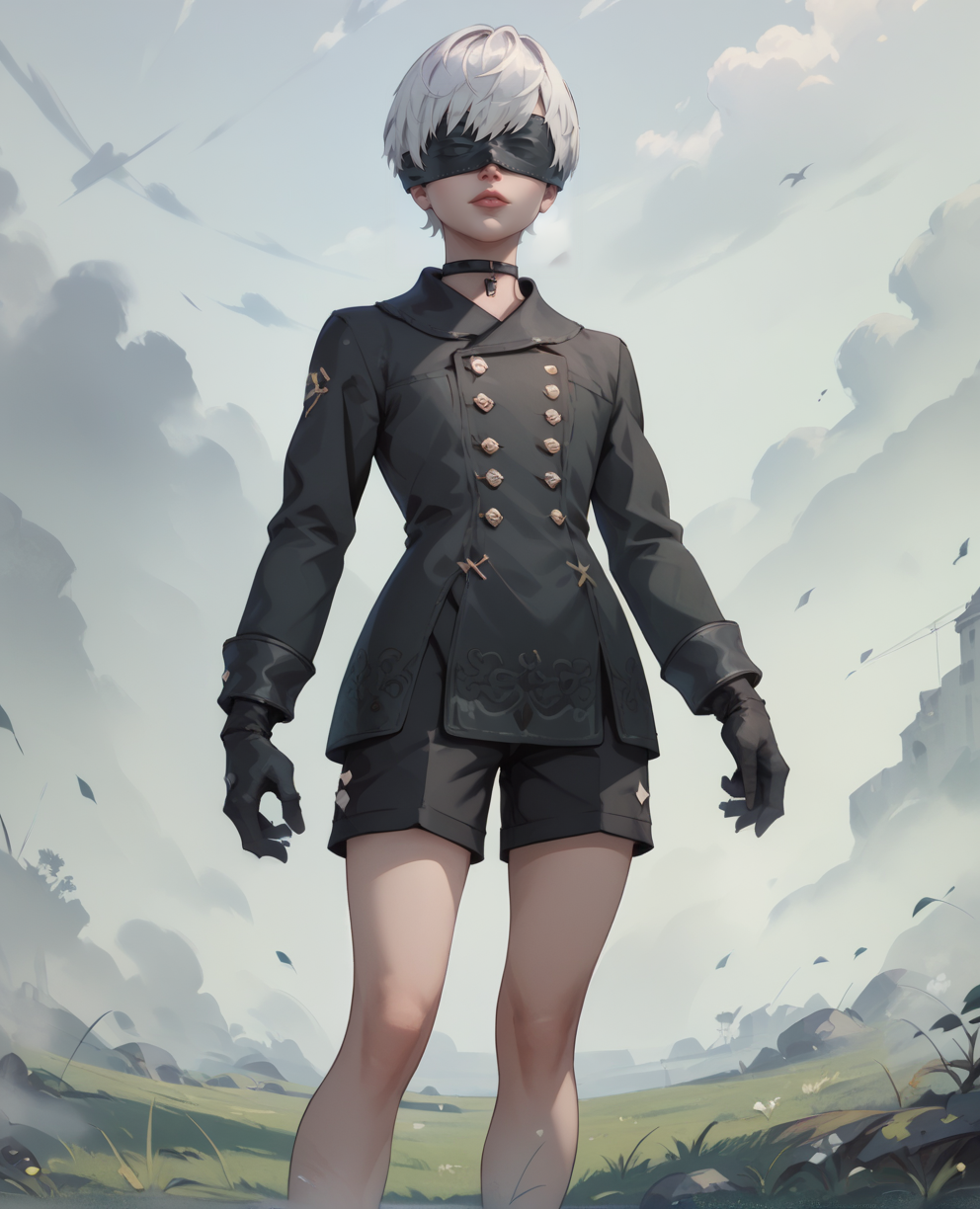 score_9,score_8_up,score_7_up,
yorhaxl,white hair,black blindfold,short hair,black choker,lips,
standing,black gloves,black shorts,   
long sleeves,black jacket,buttons,
deserted school yard,fog,grass,
<lora:Yorha9s:0.8>,