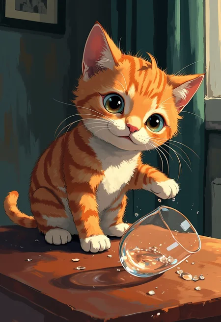 A mischievous cat is sitting on a table looking at the viewer, his paw is pushing a glass tipping it forward off the table, modern upper class apartment, dynamic, tenebrous, portrait, anime style oil painting