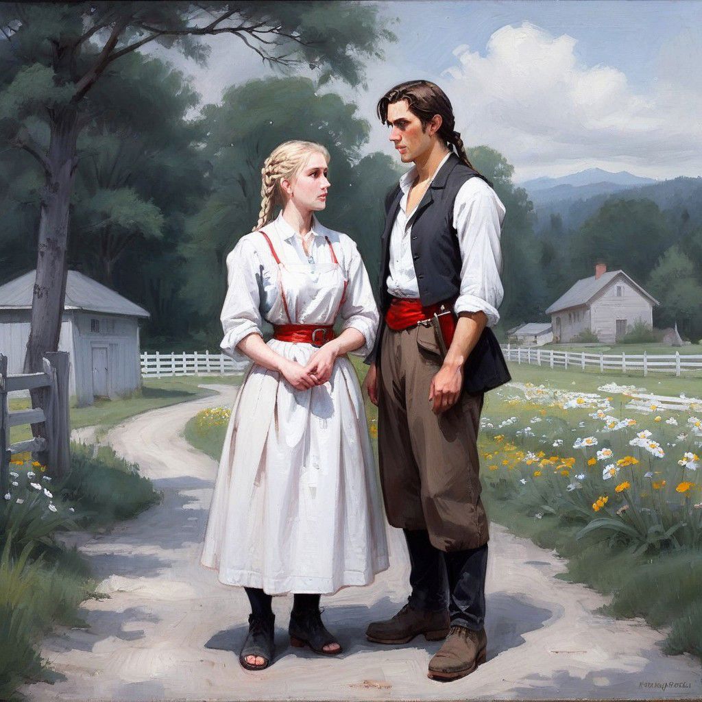 Oil painting, day, (((2persons))), outdoors, (summer), a young woman stands in the center, a young man stands next to her in the left part of the image. She is (barefoot), wearing a black ankle-length skirt with [[red flowers]], covered by a white apron, a red waistcoat and belt, and a white shirt with rolled up sleeves, her blonde hair is braided with a [red ribbon]. She looks at the small (daisy) in her hands. He is standing with a (cane) and looking at her, a (brown coat) is draped over his back, his hands are not in sleeves, a light straw hat is on his head, gray trousers are tucked into black boots. In the right part of the image behind are [two turkeys]. In the background is a wooden fence, behind which is a (green forest). ng_deepnegative_v1_75t