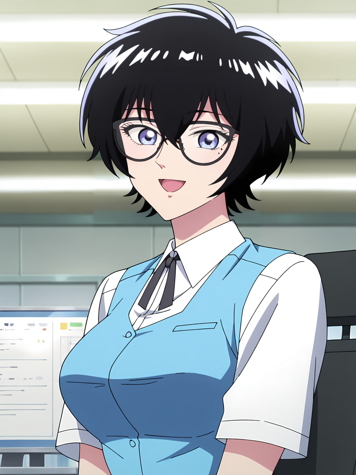<lora:Reiko_v2:0.8>, reiko, 1girl, solo, black short hair, blue eyes, mole under eye, round glasses, light blue office uniform, black necktie, white shirt, short sleeves, happy, content, standing, upper body, looking at viewer, office, indoors
