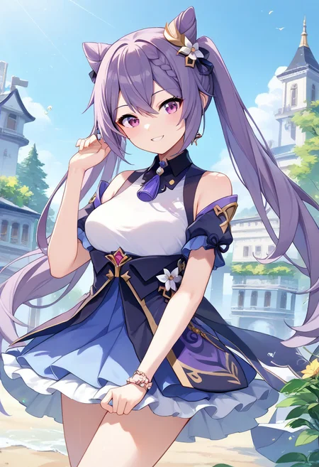 score_9, score_8_up, score_7_up, source_anime, best quality, masterpiece, 1girl, solo, smile. outdoors,
keqingcs, purple hair, cone hair bun, purple eyes, long hair, double bun, braid, twintails,