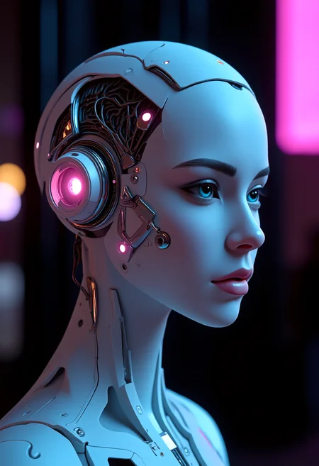 (ethereal android) with young persian woman face, wearing neural interface tech-suit, cybernetic Discreet metallic ports flush with skin's surface, hinting at hidden augmentations beneath via circular or hexagonal shapes augments, Retro-futuristic appendages with neon accents, vintage chrome plating, 80s-inspired design mechanical_arms, legs, arms and mechanical_legs, set in Entertainment Plaza, Vibrant plaza with interactive LED dance floor, holographic performance stages, futuristic street performers, immersive VR gaming pods, and floating screens broadcasting live events , at night <lora:BionicProsthetic_Eye_-_Warhammer_40000_Flux.safetensors:1.0>, a person with a crude bionic eye, <lora:flux/skin texture style v5.safetensors:1.0>, skin texture style, realism, detailed, <lora:flux/perfection style v2d.safetensors:1.0>, perfection style,