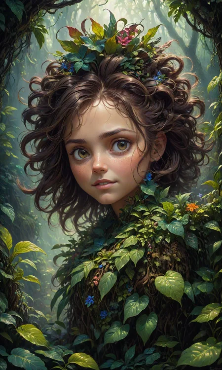 The cutest creature in the universe by greg rutkowski and thomas kinkade, Trending on artstation. Digital art. A vibrant digital oil painting. A highly detailed fantasy character illustration by Wayne Reynolds and Gustave Dore and Carl Monet and Gustave courbet, mysterious deep colors, featuring a woman's face with plants growing out of her hair <lora:Fast:0.69>