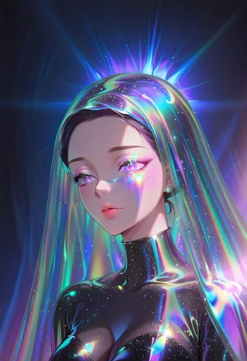 1girl, solo, portrait, holographic iridescent veil that flows around the figure, iridescent highlights, glowing details:, light makeup, glitter over the face, dark detailed clothing, form-fitting clothing, dramatic lighting, iridescent light illuminating the figure, vivid colors, emotional atmosphere, close up, textural_art, AR71B, fluorescent, AR71A, iridescent aesthetic