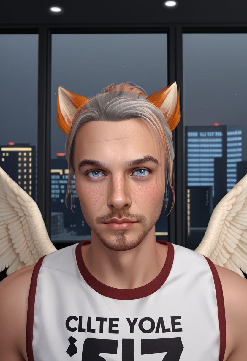 Roiadan Vanzey, solo, looking at viewer, blue eyes, 1boy, animal ears, upper body, grey hair, male focus, wings, facial hair,  feathered wings, freckles, nightclub scene, windows, signs, PonyXLV6_Scores zPDXL