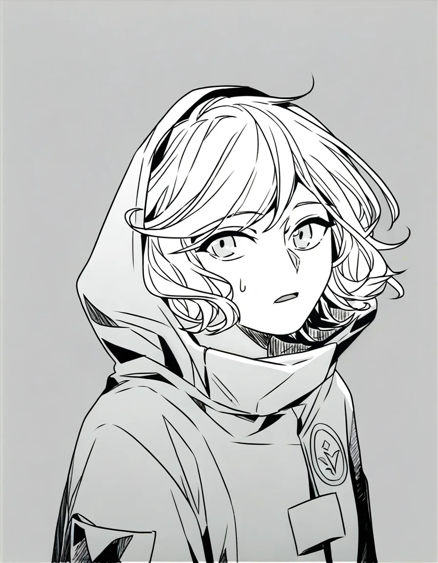 lamiya,anotherstyle,1girl,solo,monochrome,greyscale,hood,grey background,short hair,bangs,looking at viewer,parted lips,hatching \(texture\),swept bangs,open mouth,<lora:lamiya_noob>,
masterpiece,best quality,very aesthetic,absurdres,