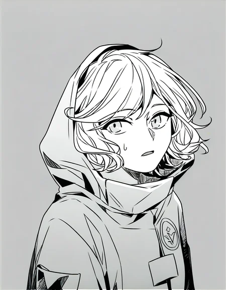 lamiya,anotherstyle,1girl,solo,monochrome,greyscale,hood,grey background,short hair,bangs,looking at viewer,parted lips,hatching \(texture\),swept bangs,open mouth,<lora:lamiya_noob>,
masterpiece,best quality,very aesthetic,absurdres,
