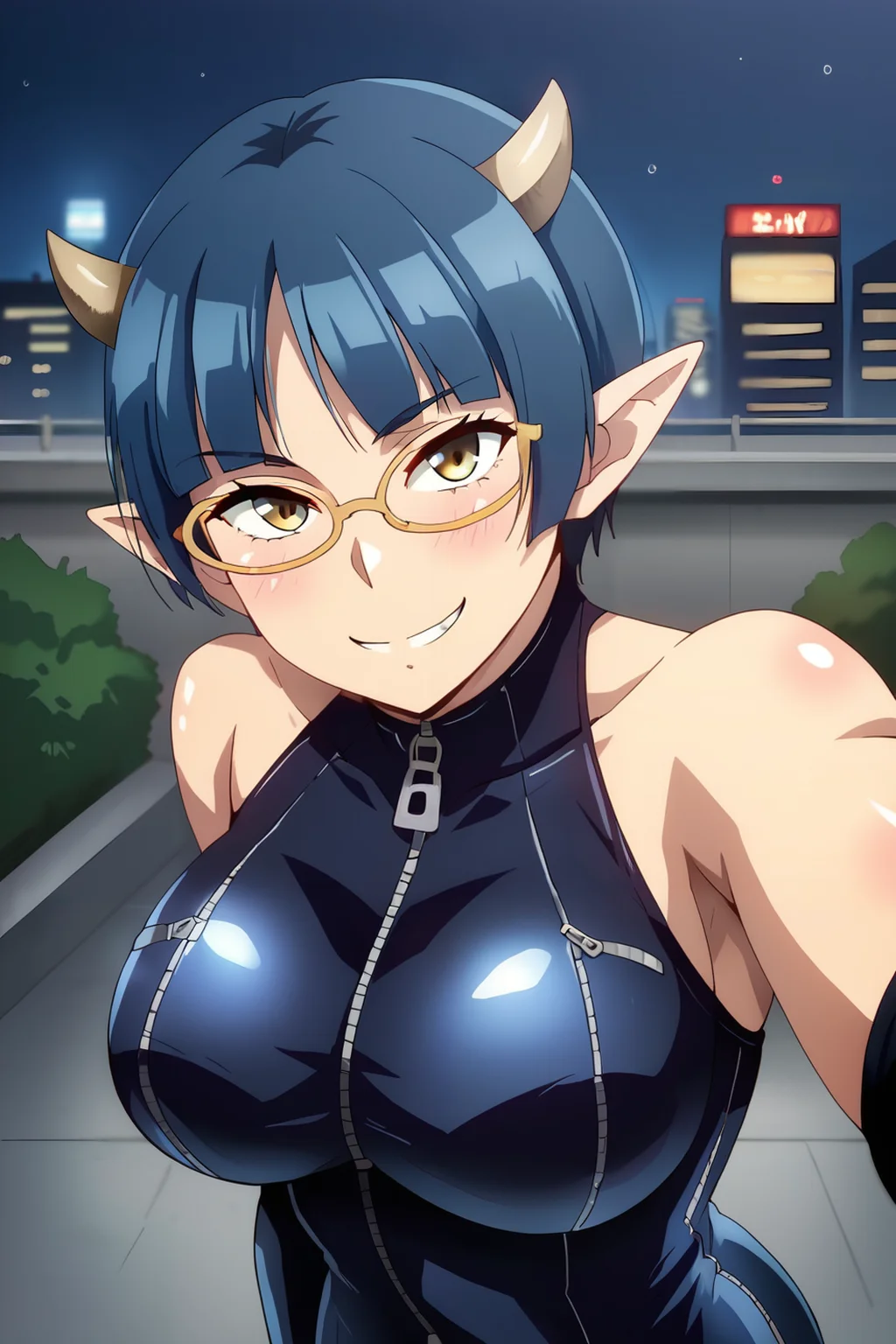 score_9, score_8_up, score_7_up, source_anime, 1girl, zPDXL2, hara \(harayutaka\), <lora:sd_xl_dpo_lora_v1:1>, <lora:zenia:1>, zenia1, pointy ears, glasses, horns, short hair, blue hair, elbow gloves, zipper, bare shoulders, large breasts, latex bodysuit, bodysuit, pov, selfie, smile, :d, city, city lights, day, shibuya \(tokyo\), tokyo \(city\), street, empire state building,