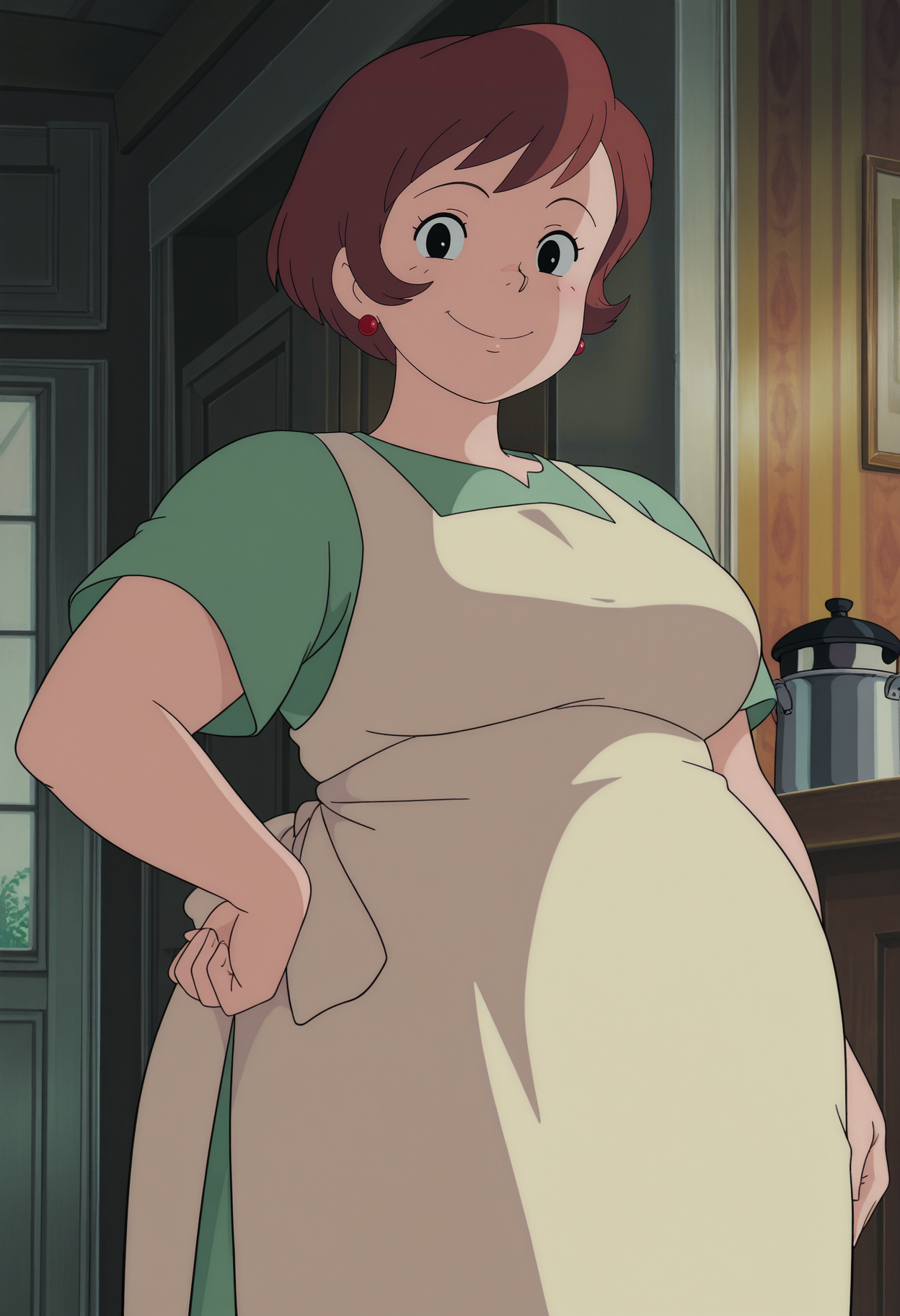 1girl,solo,mm,mature female,short hair,brown hair,black eyes,earrings,anime coloring,
dress,apron,cowboy shot, hand on own hip, looking at viewer, smile,indoors
,masterpiece,best quality,amazing quality,<lora:Osono-Kikis_Delivery_Service_ix:0.8>