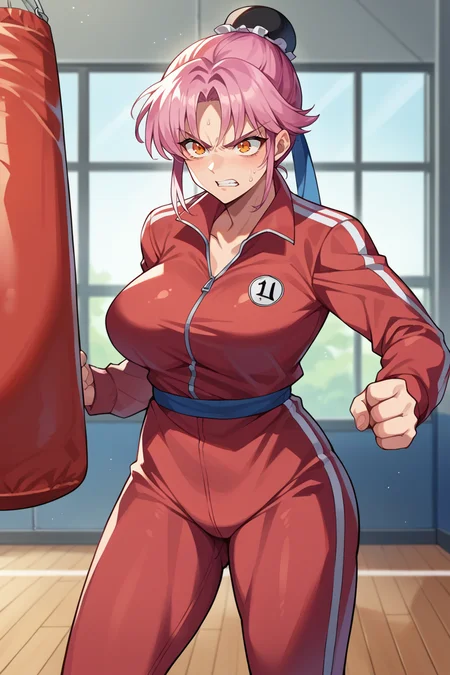 score_9, score_8_up, score_7_up, score_6_up, source_anime, BREAK 1girl, solo <lora:dqmaam-pdxl-nvwls-v1-000005:1> martialMaam, pink hair, orange eyes, hair bun, short hair, red track jacket, track pants, standing, punching, exercise, gym, punching bag, indoors, big breasts