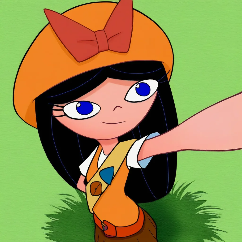 score_9, solo, isabella_fs, hat, bow, black hair, long hair, blue eyes, belt, skirt, from above, grass, selfie