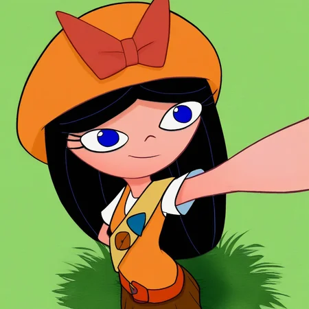 score_9, solo, isabella_fs, hat, bow, black hair, long hair, blue eyes, belt, skirt, from above, grass, selfie
