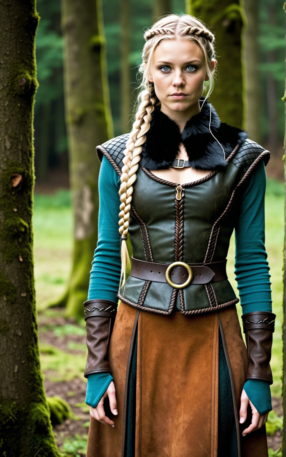 1girl,Viking, Helga from the TV series Vikings, Maude Hirst, 30yo, blonde hair, long hair, thin long braids, blue eyes, dark makeup, broad face, slim, normal breasts, A scale armored bodice in verdant green, obsidian black, and ochre brown, crafted from boiled leather with hand hammered copper plating. Overlapping panels create a flexible structure, while a reinforced wool skirt with patterned trim extends below. Embellished with a thick fur collar and crisscrossing leather straps on the back.,