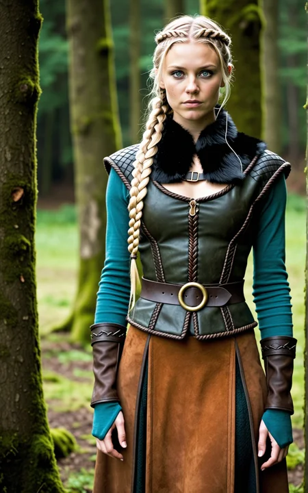 1girl,Viking, Helga from the TV series Vikings, Maude Hirst, 30yo, blonde hair, long hair, thin long braids, blue eyes, dark makeup, broad face, slim, normal breasts, A scale armored bodice in verdant green, obsidian black, and ochre brown, crafted from boiled leather with hand hammered copper plating. Overlapping panels create a flexible structure, while a reinforced wool skirt with patterned trim extends below. Embellished with a thick fur collar and crisscrossing leather straps on the back.,