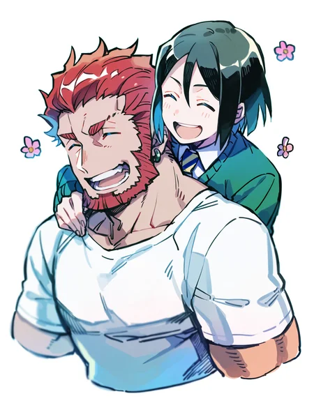 best quality, amazing quality, amazing aesthetic, absurdres, (2boys:1.4), male focus, iskandar_(fate), waver_velvet, :d, Piggyback ride, simple background, yoisyo, <lora:yoisyo_male_pony:1>, animal, black eyes, black hair, blonde hair, closed eyes, closed mouth, cropped torso, earrings, flower, hair between eyes, jewelry, long sleeves, multicolored hair, multiple boys, open mouth, pink flower, rose, smile, upper body, white background