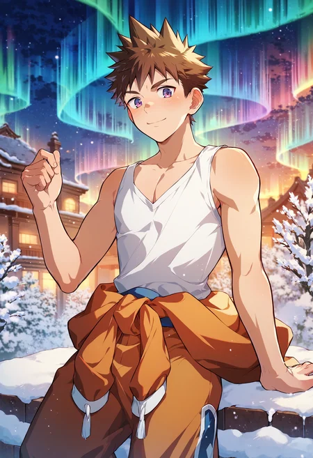 score_9, score_8_up, score_7_up, source anime, yaoi, gay, nsfw, year 2023, 1boy, male focus, solo, <lora:Sora:0.9> sora, brown hair, spiked hair, white tank top, clothes round waist, orange jumpsuit, north pole, winter, aurora borealis, looking at viewer, gentle smile, <lora:AHR_Studio:0.8> AHR style, <lora:xl_more_art-full_v1:0.5>, <lora:add-detail-xl:1>, best quality, amazing quality, best aesthetic, absurdres