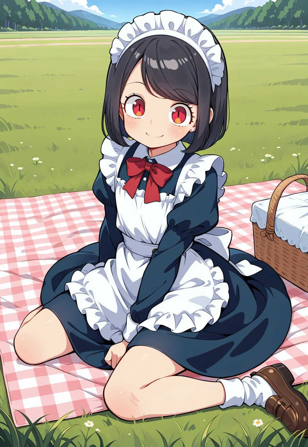 masterpiece, best quality, amazing quality, aesthetic, absurdres, best quality, 4k, upscale, outdoor, meadow, grass, blue sky, picnic basket, picnic towel, picnic, Jessica, slit pupils, red eyes, smile, sitting, 1girl, black hair, maid headdress, maid outfit, red bow, skirt, shoes, solo, socks, flat chest, closed mouth, bob cut, swept bangs, <lora:Jessica_IL:0.8>