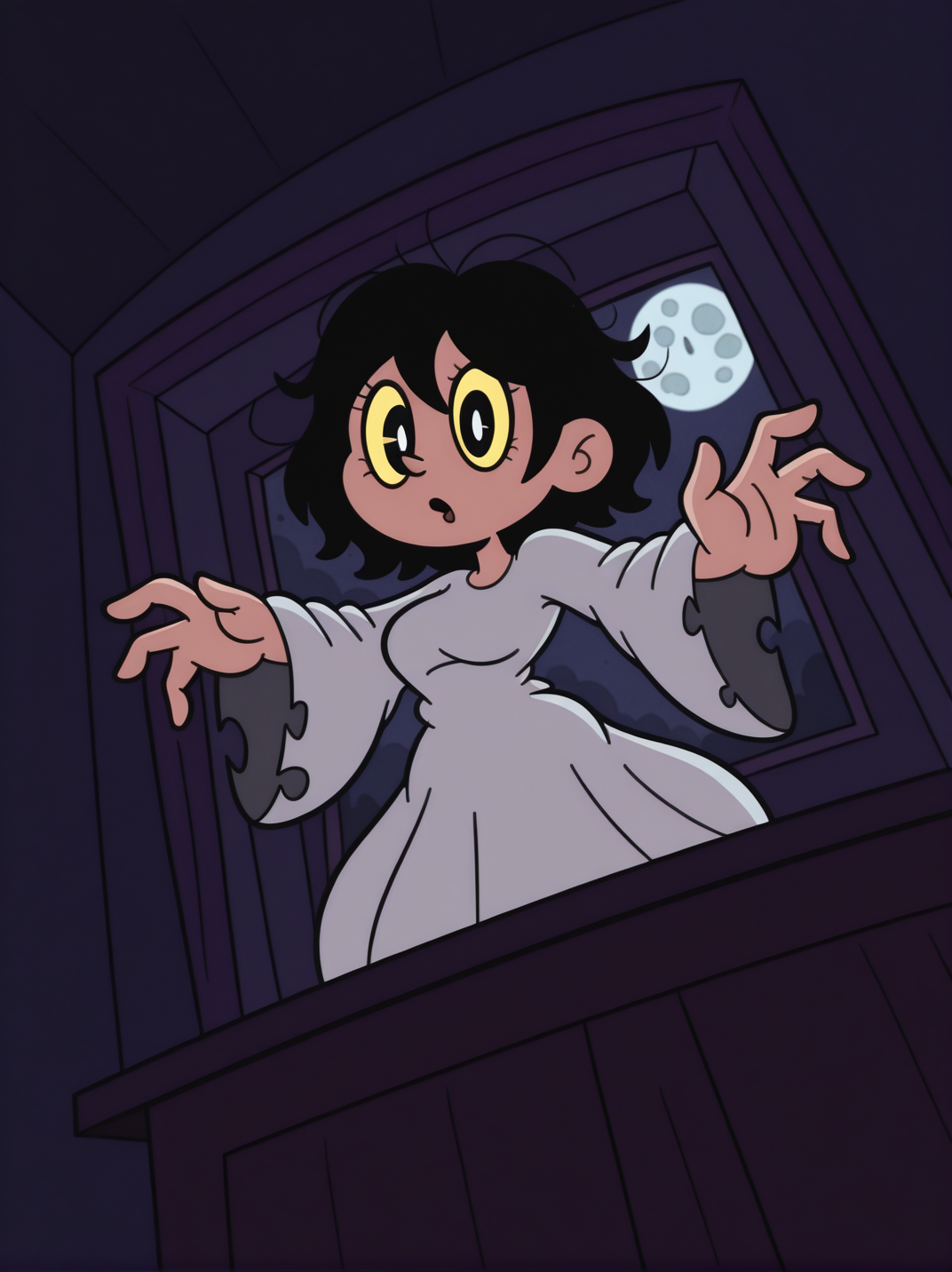 RetroXL, toon \(style\), flat color, black eyes,
1girl, ghost costume, messy hair, medium breasts, expressionless, open mouth, yellow eyes, hands up, baggy eyes,, dark room, dark theme, moon, window, courtains, webs on top, bright pupils, dynamic pose, dynamic angle, from below, dutch angle,
 <lora:RetroToonXL_Style-10-IL:1>