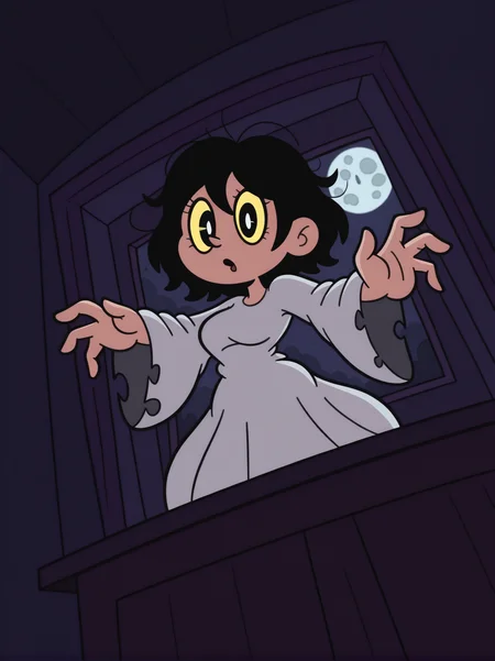 RetroXL, toon \(style\), flat color, black eyes,
1girl, ghost costume, messy hair, medium breasts, expressionless, open mouth, yellow eyes, hands up, baggy eyes,, dark room, dark theme, moon, window, courtains, webs on top, bright pupils, dynamic pose, dynamic angle, from below, dutch angle,
<lora:RetroToonXL_Style-10-IL:1>