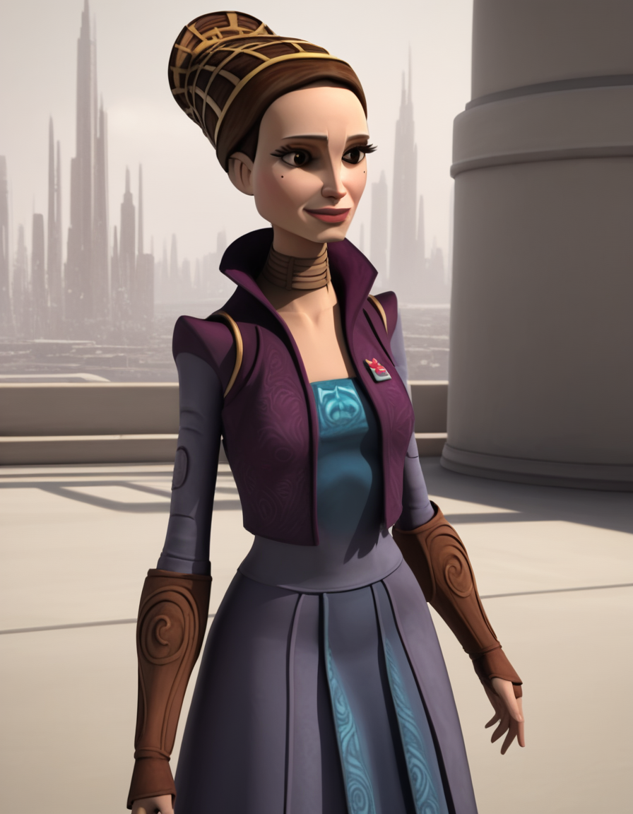 score_9, score_8_up, score_7_up, source_anime,
<lora:clonewars-padme-amidala-s3-ponyxl-lora-nochekaiser:1>, padme amidala, brown hair, brown eyes, realistic, mole, mole under eye, long hair, lips, 3d,
skirt, long sleeves, jacket, hair bun, single hair bun, long skirt, purple jacket,
outdoors, smile,
looking at viewer, cowboy shot, dutch angle, solo,