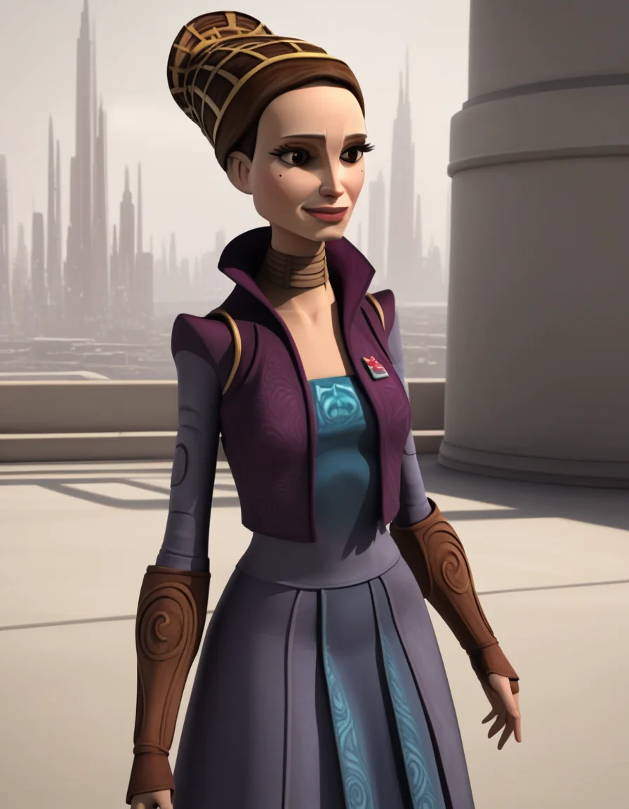 score_9, score_8_up, score_7_up, source_anime,
<lora:clonewars-padme-amidala-s3-ponyxl-lora-nochekaiser:1>, padme amidala, brown hair, brown eyes, realistic, mole, mole under eye, long hair, lips, 3d,
skirt, long sleeves, jacket, hair bun, single hair bun, long skirt, purple jacket,
outdoors, smile,
looking at viewer, cowboy shot, dutch angle, solo,