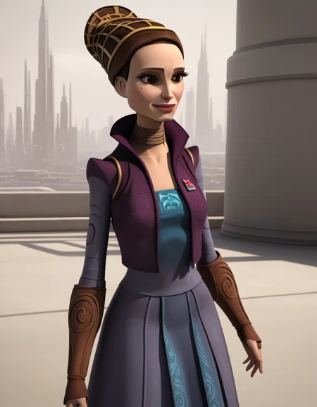 score_9, score_8_up, score_7_up, source_anime,
<lora:clonewars-padme-amidala-s3-ponyxl-lora-nochekaiser:1>, padme amidala, brown hair, brown eyes, realistic, mole, mole under eye, long hair, lips, 3d,
skirt, long sleeves, jacket, hair bun, single hair bun, long skirt, purple jacket,
outdoors, smile,
looking at viewer, cowboy shot, dutch angle, solo,