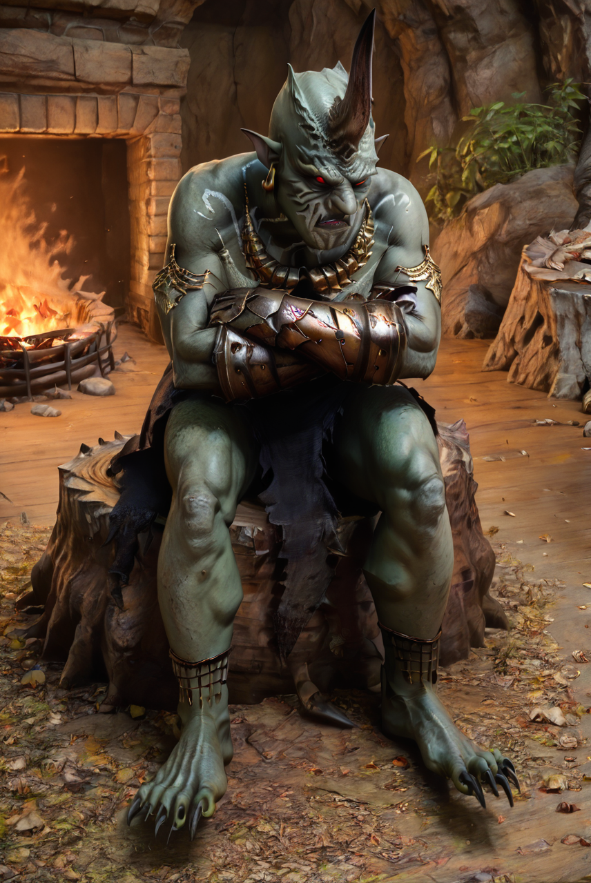 score_9, score_8_up, score_7_up, (hobgoblin_xv, monster, daemon), green skin, body marks, detailed skin, single horn, black sclera, red eyes, glowing eyes, detailed eyes, armored gloves, claws, blue rags, earrings, necklace, <lora:FF_HobgoblinPony:1>, indoors, in a cave, fireplace, fire, sitting on a stump, midnight, dark, night, crossed arms, zPDXL2, zPDXLpg, zPDXLrl, best quality, highly detailed, extreme details, masterpiece, photorealistic, hyperrealistic, ultra realistic, hdr, 4k, uhd, ray tracing, shaded