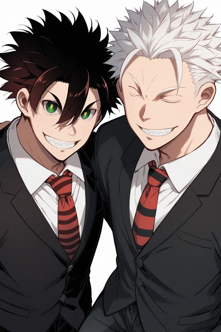 score_7_up, multiple boys, smile, shirt, necktie, black hair, pants, white hair, jacket, closed eyes, grin, collared shirt, white shirt, spiked hair, short hair, teeth, male focus, long sleeves, formal, looking at viewer, suit, white background, open mouth, hair between eyes, brown hair, buttons, green eyes, black pants, black jacket, ^_^, red hair, closed mouth
, <lora:Fukuda_Hiroshi_PonyXL_dim40:1>