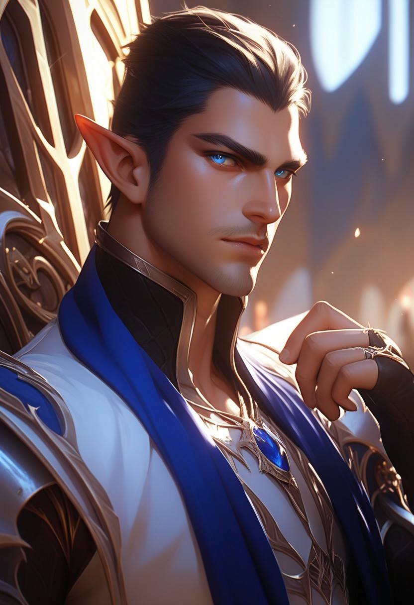 score_9, score_8_up, score_7_up, detailed, The image is a close-up portrait of a male elf with blue eyes, prince, throne room, fantasy,