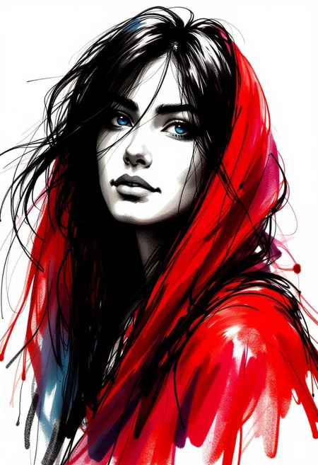 inksketch, high quality image of a beautiful peasant woman that wears a red scarf around her hair which is black streaked with white, her luminous blue eyes light her face