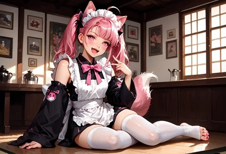 morimee_style, rating_safe, Iberian wolf, 1girl, cute, sexy, (glowing pink eyes, glowing pink toenails:1.3),NSFW,source_photo,rating_explicit,source_illustration Expressiveh\nBREAK,(by li:0.8), ultra detailed, high quality, high resolution,natural skin texture, 8k, High Definition, realistic skin, fine pores,photo, (by H. R. Giger|norman Rockwell:0.9), 1girl, cutest girl,EyesHD, bright hazel eyes, high gradient eyes, Makeup, eye liner blushing, seductive, cute smile, smug smile, exceptionally cute and sexy, one_eye_closed, animal_ears, arm_up, tail, thighhighs, solo, hand_to_own_mouth, apron, open_mouth, maid_headdress, feet, soles, ahoge, no_shoes, long_hair, twintails, japanese_clothes, wa_maid, animal_ear_fluff, white_hair, hair_ornament, white_thighhighs, kimono, tail_censor, detached_sleeves, armpits, virtual_youtuber, floral_print, red_eyes, fang, white_apron, frills, convenient_censoring, yawning, toes, pink_eyes, wide_sleeves, hairclip, smile, thighs, hair_bow, bow, looking_at_viewer, blush, fox_tail, legs, Sharp detailed high quality image style,intricate skin, soft lighting, ultra detailed, photographed on a Panasonic Lumix GH6, FE 35mm lens, F1.4, 90s4n1m3, reij-blckprlglss