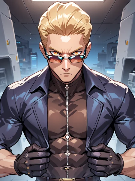 PonyScores7, source_anime, ah1, best quality, (masterpiece:1.4), (high quality:1.4), sharp focus, 4k, absurd resolution, <lora:albertwesker-guy-PONYv1:0.8> albertwesker, albert wesker, 1boy, blonde, black gloves, (sunglasses:1.3), belt, pants, black coat, black pants, looking at viewer, toned, athletic, fit, slicked back hair, black turtleneck, zipper, mature male, (graphene textured clothes), black boots,(Cybernetics Clinic, Sterile white room with rows of surgical beds, monitors displaying complex data streams, shelves stocked with cybernetic implants, technicians in lab coats bustling about, the faint whir of machinery in the background), bad-hands-5, ((Despondent, A face that reveals a sense of hopelessness and despair expression)), <lora:xl_more_art-full_v1:0.2>, <lora:shinyskin2:0.2> glistening skin, <lora:aesthetic_anime_v1s:0.2>, <lora:Expressive_H:0.2> Expressiveh, <lora:hairdetailpxl:0.2> hairdetailpxl, <lora:detailxl:0.2> detailxl, (Bokeh Effect shot), (focused, intense glare), slit pupils, short hair, (reddish orange eyes), best quality, amazing quality, best aesthetic, absurdres, <lora:expressive eyes:0.2> expressive eyes, <lora:eyedetailpxl:0.2> eyedetailpxl, illustration, Volumetric_Lighting, ultra-detailed, very aesthetic, intricate details, 8k, masterpiece, best_quality, (angular face, sharp_featured face), (educator, spreading knowledge with a passion for teaching and a wealth of information devoted and committed to enlightening others)