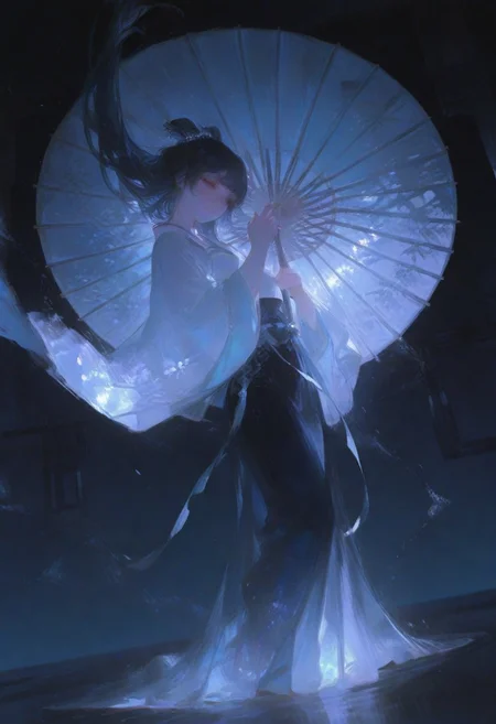 artist:moriimee,Artist : Tsuaii, volumetric lighting, ambient occlusion, luminescent background, masterpiece, best quality, absurdres,masterpiece, best quality, very awa, absurdres,usnr,luminescent,dynamic pose,dynamic angle
solo,female,big chest,black blue hair,,Chinese clothes,paper umbrella,serene,gray eyes,blue,light blue,light blue and purple,flowy,hanfu,chinese traditional outfit, flowing hair,full body,full body pose,