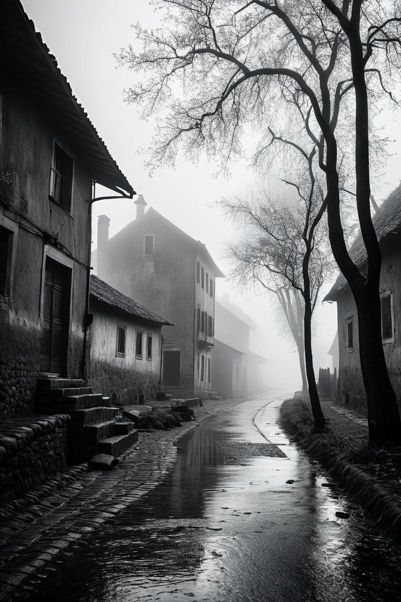 (((a dense, enchanted fog rolling through the streets of an old, forgotten village.))), High Contrast Monochrome, Timeless Elegance: dramatic lighting, black and white, sharp focus, classic ambiance, vintage elements, bold contrasts, elegant textures, timeless look, moody atmosphere, sophisticated aesthetics, capturing emotions, intense scenes, professional technique, striking visuals, storytelling through shadows, creative concept, stylish approach, classic styling, refined environment, surreal visuals, captivating narrative, intricate details, iconic scenes, editorial storytelling, professional lighting, creating visual impact, evoking drama, pushing creative boundaries <lora:add-detail-xl:2> <lora:Cosine_freck:1>