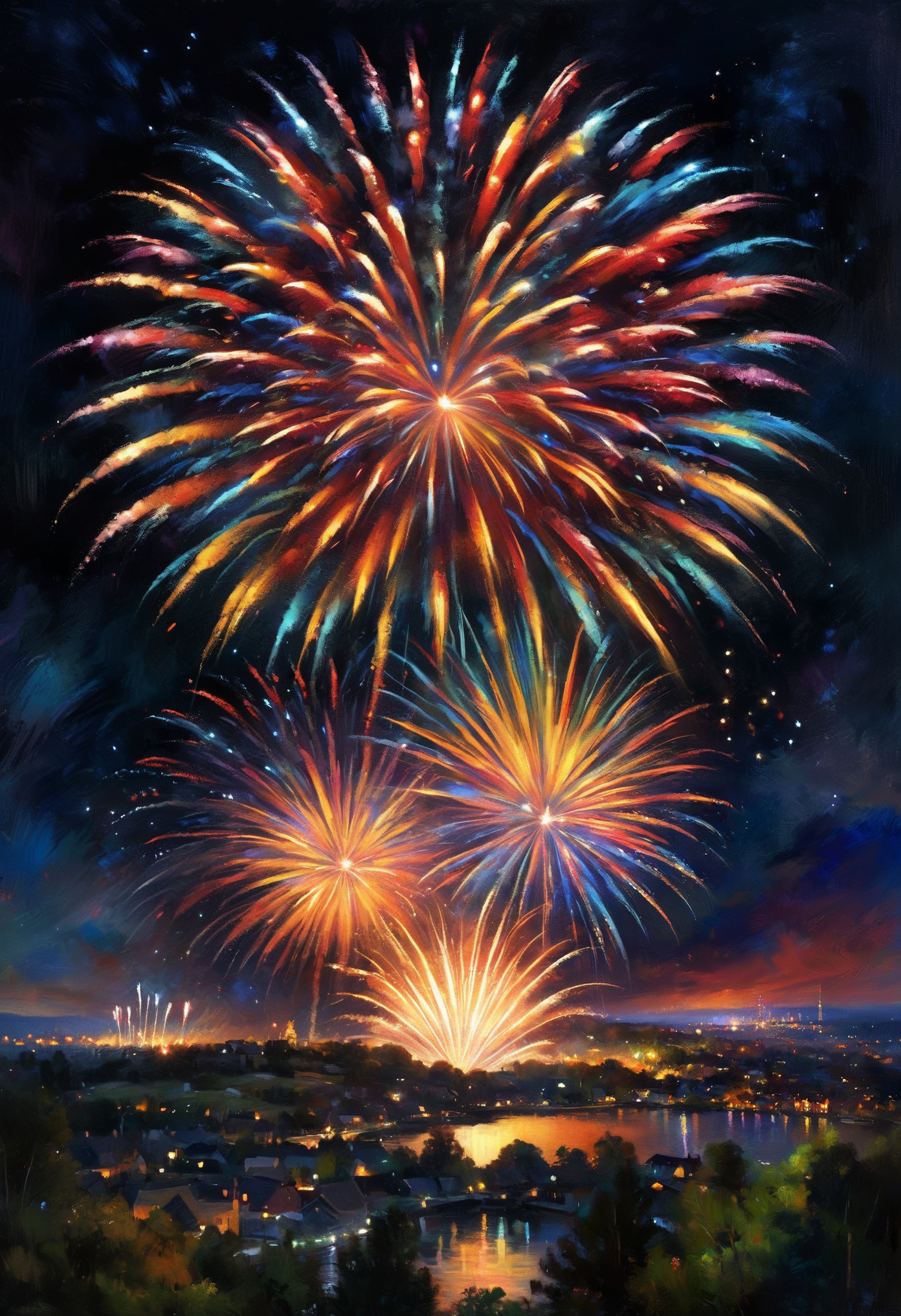 Impressionistic realism, a wonderful fireworks display, 8k, masterpiece, vibrant colors, deep darks, hdr10