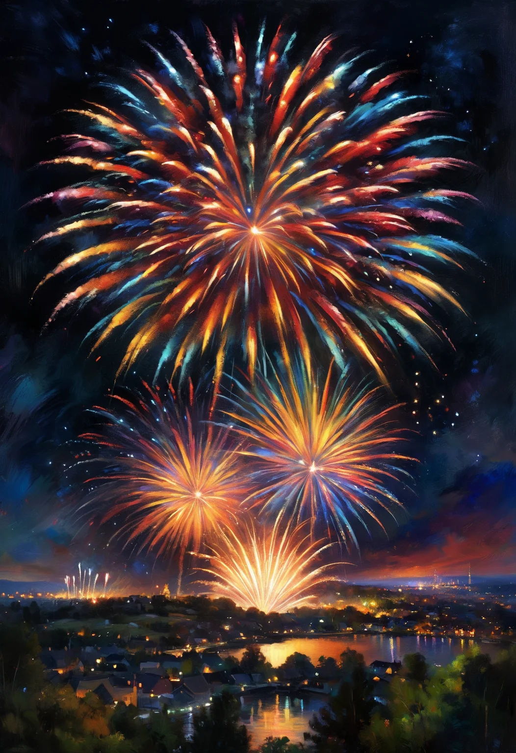 Impressionistic realism, a wonderful fireworks display, 8k, masterpiece, vibrant colors, deep darks, hdr10