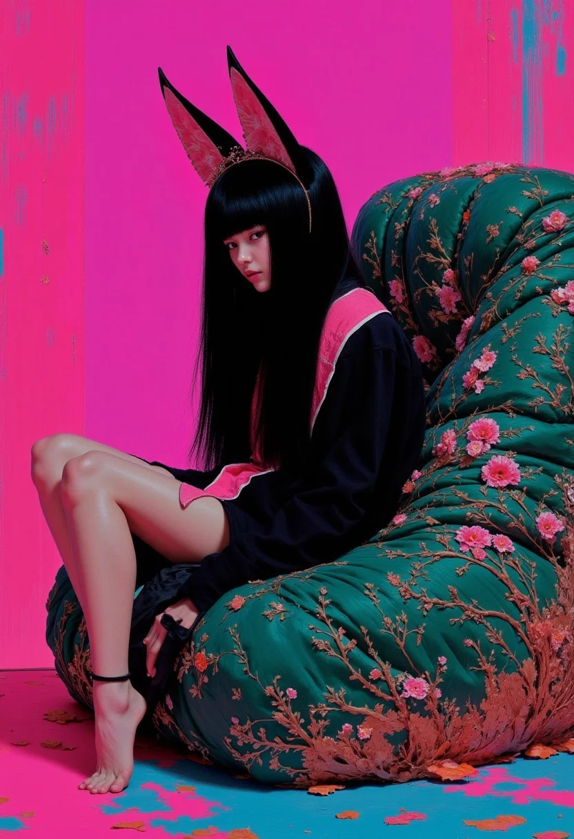 Japanese girl wearing cat ears, long eyelashes, long black bob, face obscured by hair, bare feet, feet to viewer black dress with pink collar, black and white striped stockings, sitting in a large beanbag, magenta grunge, in profile, side view, surrealism, pencils, fashion illustration, gradient magenta and teal background, avant-garde, vivid colors, filigrie, photorealistic rendering, mody chiaroscuro lighting
