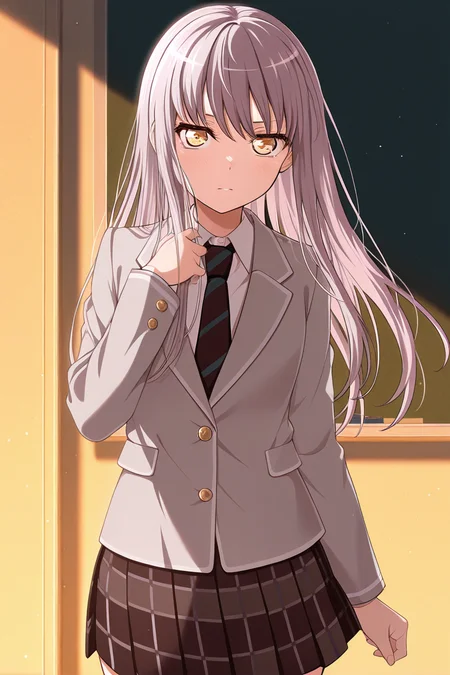 masterpiece, best quality, amazing quality,
<lora:Yukina_IL:1> yukina, 1girl, solo, skirt, long hair, school uniform, necktie, jacket, yellow eyes, grey jacket, plaid, striped necktie, plaid skirt, long sleeves, bangs, yotsuba school uniform