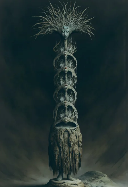 aidmaMJ6.1, Made out of paper, a PaperStyle , d4artstyle, d4concept, , d00mstyle, made of clay, ZBClay model of a gray sculpture AmanoER
a towering, tribal-inspired creature with a segmented, totem-like body composed of stacked, woven basket-like forms, each segment housing a miniature humanoid torso with outstretched, grasping arms. At the top, the creature's head is crowned with wild, spiky hair that radiates outward, surrounding a mask-like face with large, haunting eyes and an exaggerated expression, as if frozen in a state of ritualistic intensity. The lower body is draped in a skirt made from tangled, fibrous grasses, embellished with carved heads bearing anguished expressions, symbolizing trapped spirits or ancestral souls. The creature stands in a dark, misty environment, its elongated form and wild appearance evoking ancient, shamanistic rites. Emphasize the chaotic, spiky hair, the woven body segments, and the intricate, ceremonial elements of its attire.
Background solid color with a faded dimly lit, fog-covered darkness tone that emphasizes its silhouette. The medium is not a traditional painting or illustrative medium like watercolor or ink but rather a digital rendering, eerie and unsettling.