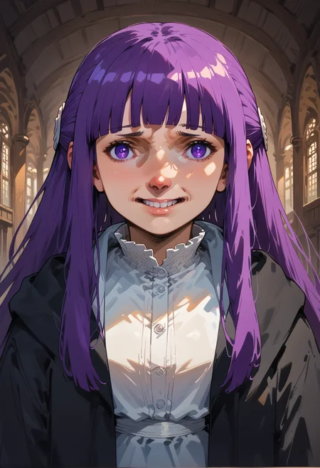 agniface, looking at viewer, teeth, 1girl, <lora:brj-fern-pony-v0.5:1> fern \(sousou no frieren\) long hair purple hair half updo blunt bangs purple eyes open robe, <lora:agniface:1>, score_9, score_8_up, score_7_up, score_6_up