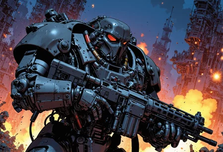 The man is a heavily armored warrior in futuristic black power armor stands confidently, wielding a massive gun with intricate details. The armor is bulky, with reinforced plating, large shoulder pads, and complex mechanical joints. The helmet has a slit like visor and built from multiple triangular metallic elements, giving the character a rugged, battle-hardened look. The gun features are visible wiring and mechanical components, emphasizing its powerful nature. The character exudes strength and resilience, with an imposing and intimidating stance. He is in a massive fight against monsters with a futuristic rifle. ultra realistic, masterpiece, high detailed skin. We are in a battlefield, explosions everywhere, soldiers fighting. It is nighttime