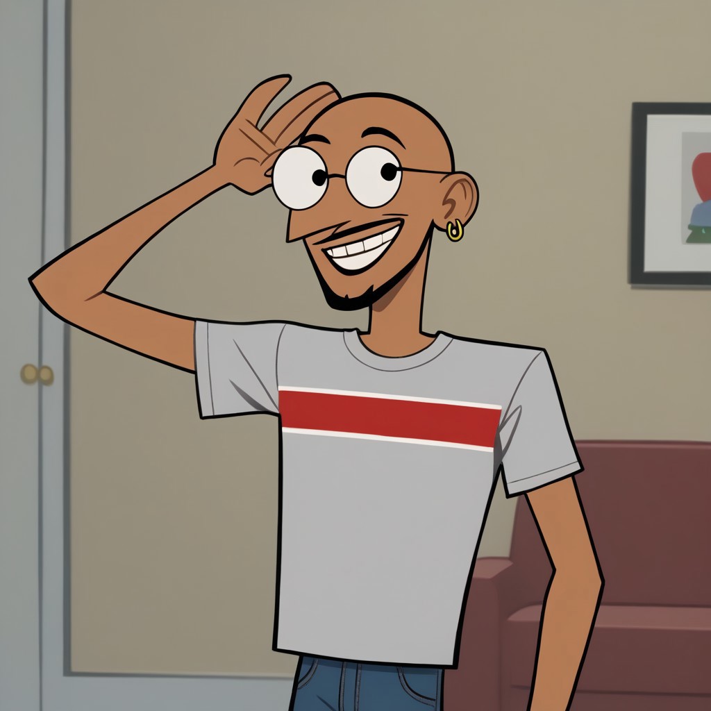 ch art style,solo,indoors,posing,smile,1boy,tanned skin,bald,beard stubble, black eyes,grey t-shirt with red stripe,jeans,round glasses,single earring
