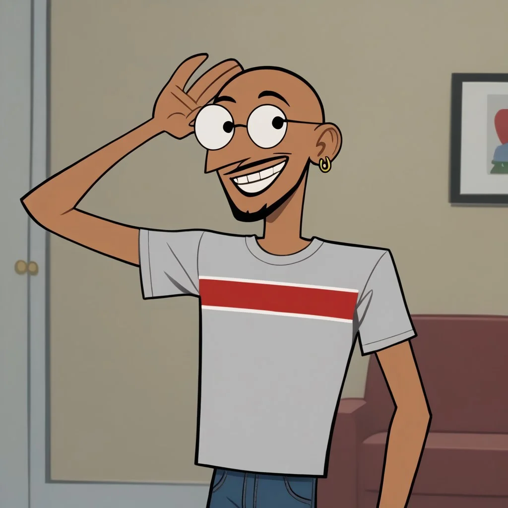 ch art style,solo,indoors,posing,smile,1boy,tanned skin,bald,beard stubble, black eyes,grey t-shirt with red stripe,jeans,round glasses,single earring