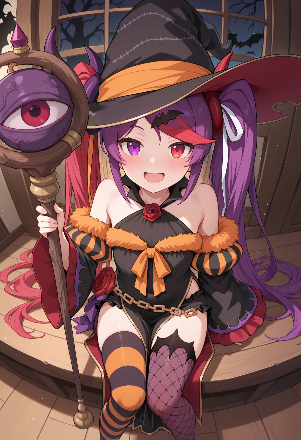 highres, best quality, masterpiece, indoors, light particles, halloween,
1girl, solo, pcrmski, two-tone hair, red hair, purple hair, streaked hair, very long hair, heterochromia, red eyes, purple eyes, horns,
pmskihal, twintails, witch hat, black headwear, bat hair ornament, yellow ribbon, white ribbon, black dress, halter dress, bare shoulders, sleeveless, rose, orange trim, orange ribbon, fur trim, detached sleeves, black sleeves, striped sleeves, fur-trimmed sleeves, wide sleeves, red frills, belly chain, pelvic curtain, mismatched legwear, striped thighhighs, orange stripes, fishnet thighhighs, frilled shorts, shorts shorts under dress, 
looking at viewer, blush, smile, open mouth,
from above, sitting,
eyeball, holding staff, veins, fisheye, 
<lora:_misaki_pcr-elesico-ilxlA:1>